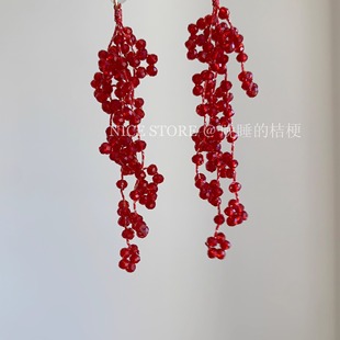 晚睡的桔梗「花满城」度假手作红色花朵流苏耳环长款网感夸张耳饰