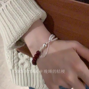 售完无补「赤红」日韩珍珠拼接朱红复古手链轻奢精致多层手饰
