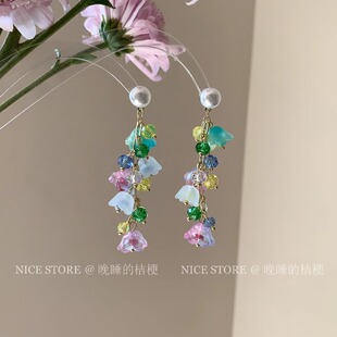 晚睡的桔梗「风渡兰」小清新彩虹铃兰花朵珍珠耳环长款度假风耳饰