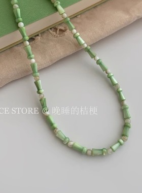 晚睡的桔梗I绿色蘑菇项链