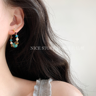晚睡的桔梗「爱人海」新中式虎石绿松耳环波西米亚度假耳环耳饰