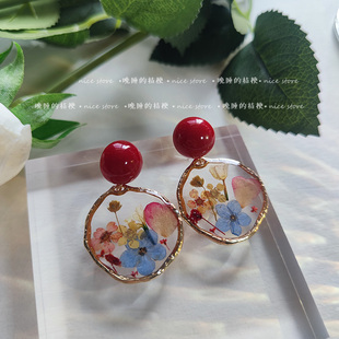 晚睡的桔梗｜愿爱如霞 渐浓  红色复古港风耳钉干花植物耳饰