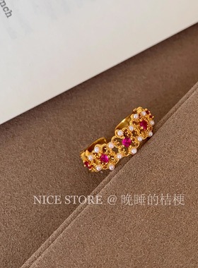 晚睡的桔梗「织锦」日韩百搭镂空雕花镶钻戒指小众设计复古食指戒