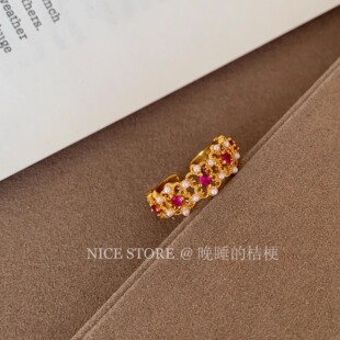 晚睡的桔梗「织锦」日韩百搭镂空雕花镶钻戒指小众设计复古食指戒