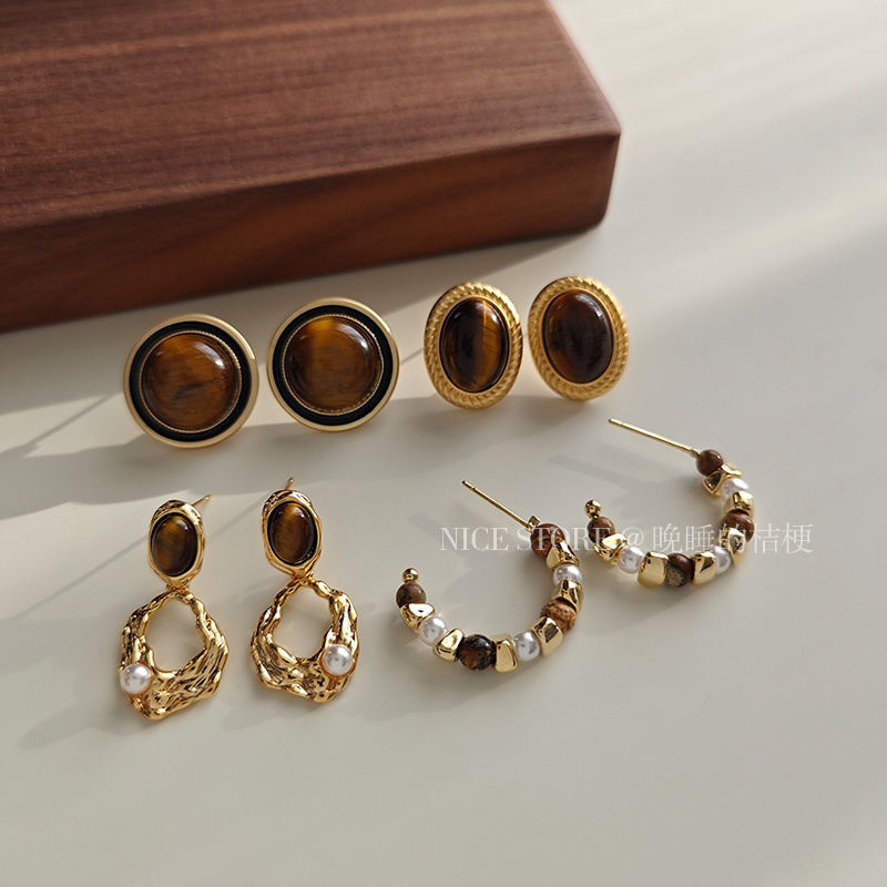 晚睡的桔梗法式复古虎石珍珠耳环