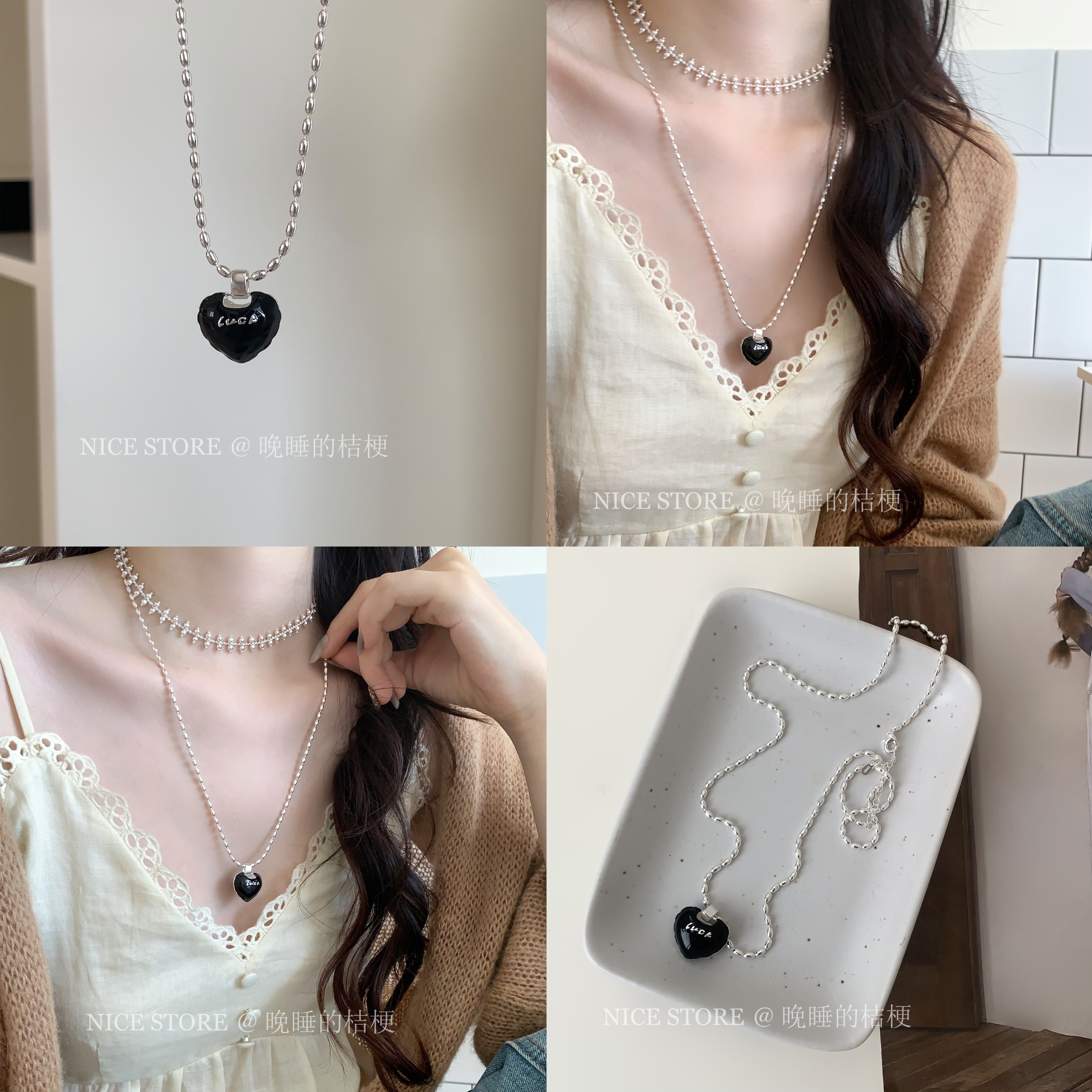 晚睡的桔梗「白夜巡游」韩系黑丝爱心字母项链luck米粒毛衣T恤链