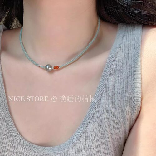 晚睡的桔梗|绿色玛瑙串珠项链