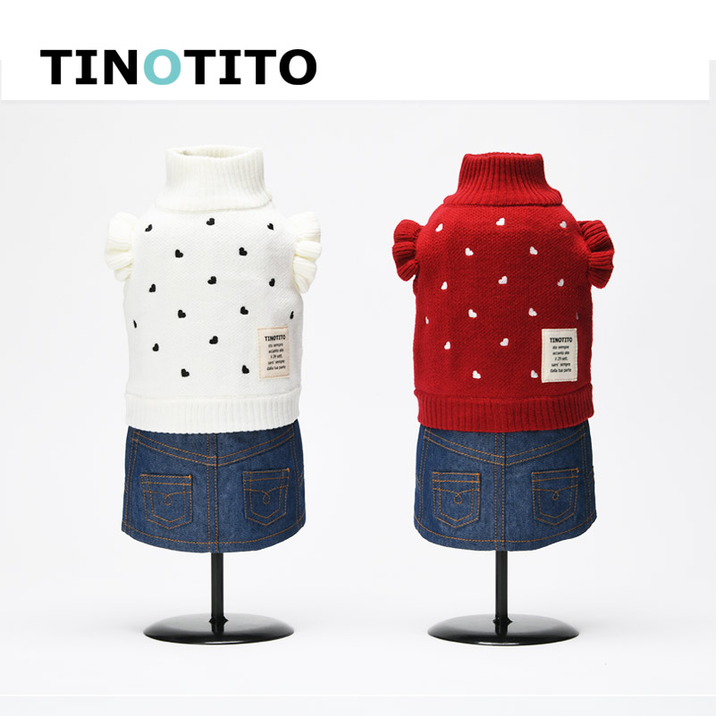 提诺Tinotito日本品牌宠物服装秋冬 爱心针织丹宁连身裙 假两件