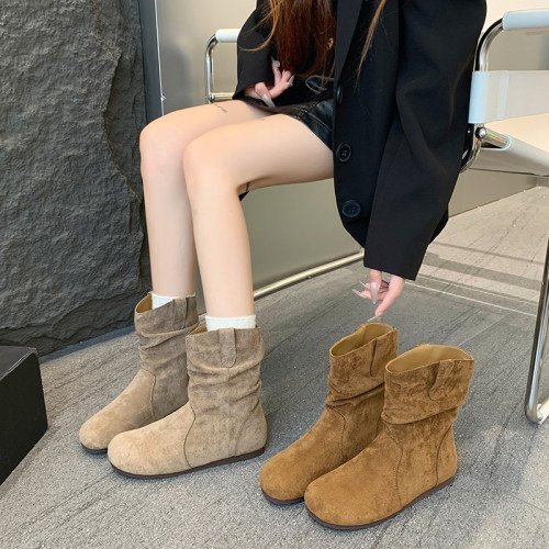 秋季平底堆堆靴子女2026新款短靴火美拉德西部牛仔靴中筒0903r