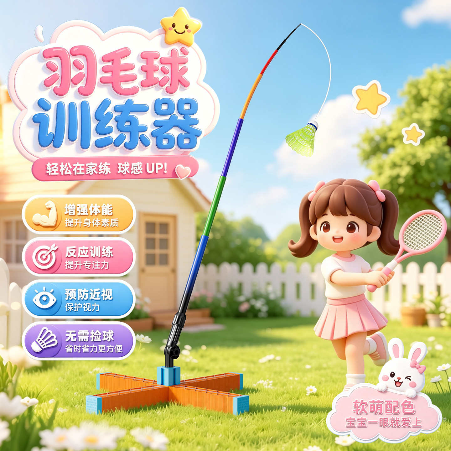 预防近视!儿童羽毛球回弹训练器