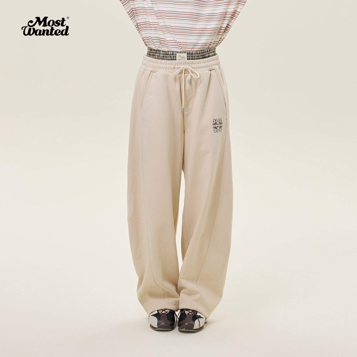 格纹双腰头弯刀休闲卫裤