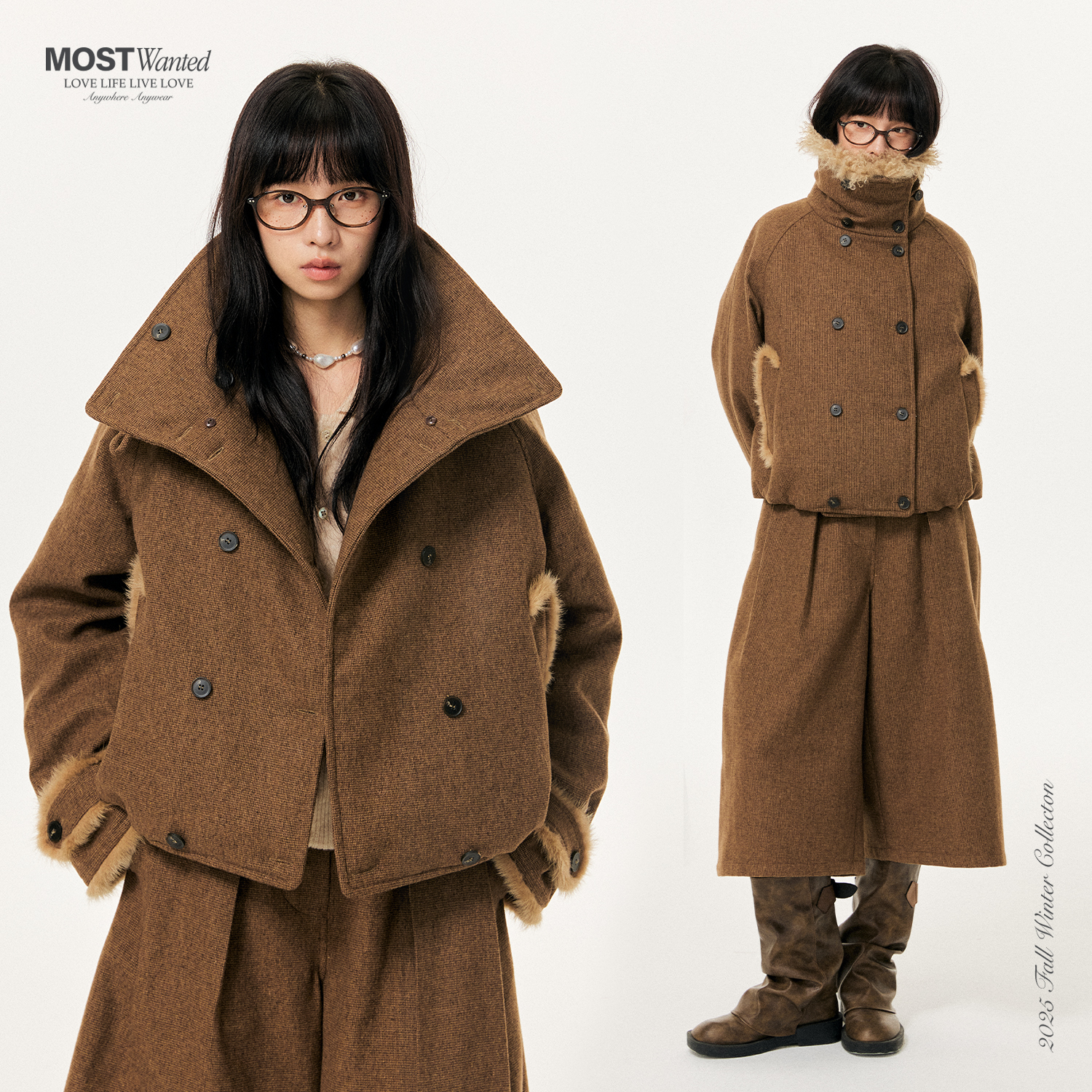 mostwanted可脱卸毛领双排扣千鸟格棉服女款2025新款冬季外套