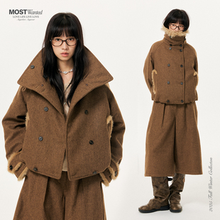 mostwanted可脱卸毛领双排扣千鸟格棉服女款2026新款冬季外套