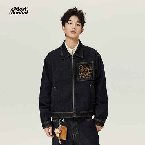 小花四方连续十字绣牛仔夹克