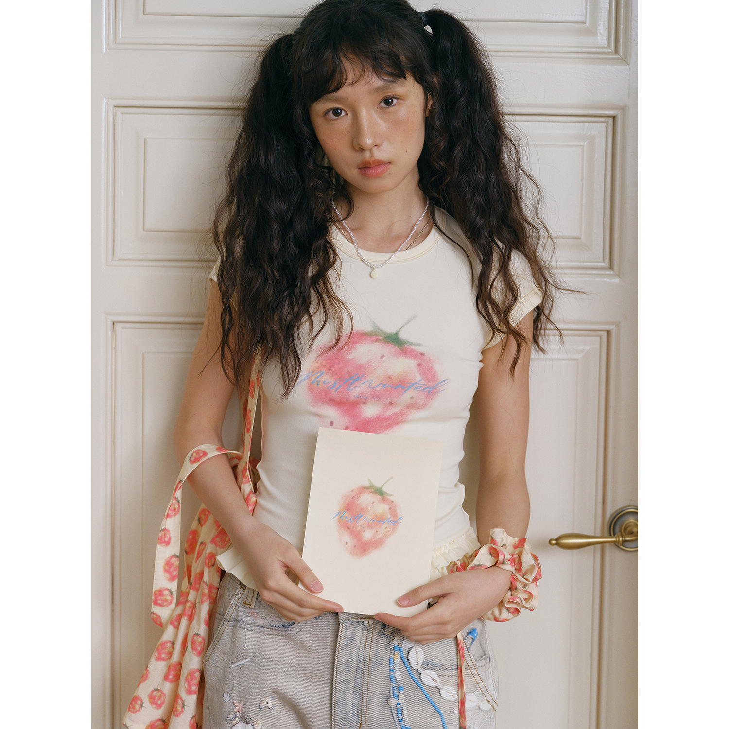 mostwanted水彩草莓做旧趣味印花修身短袖