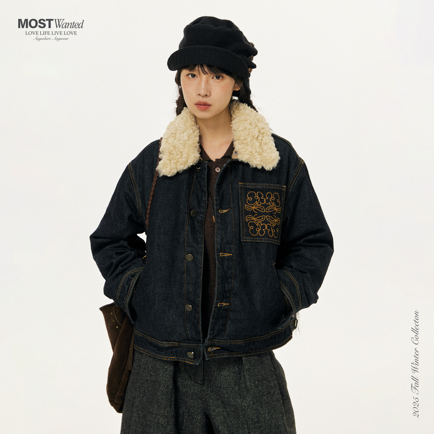 mostwanted 可脱卸毛领牛仔绗棉夹克棉服女秋冬新款外套