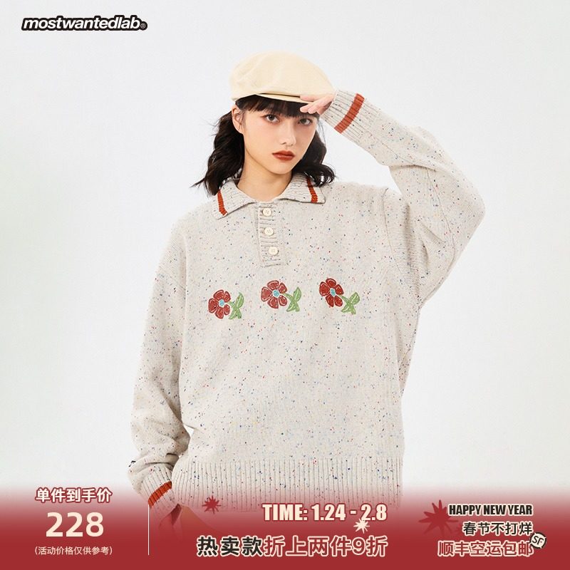 Mostwantedlab 花卉手绘印花5彩polo日系毛衣情侣针织衫加厚 MWTD