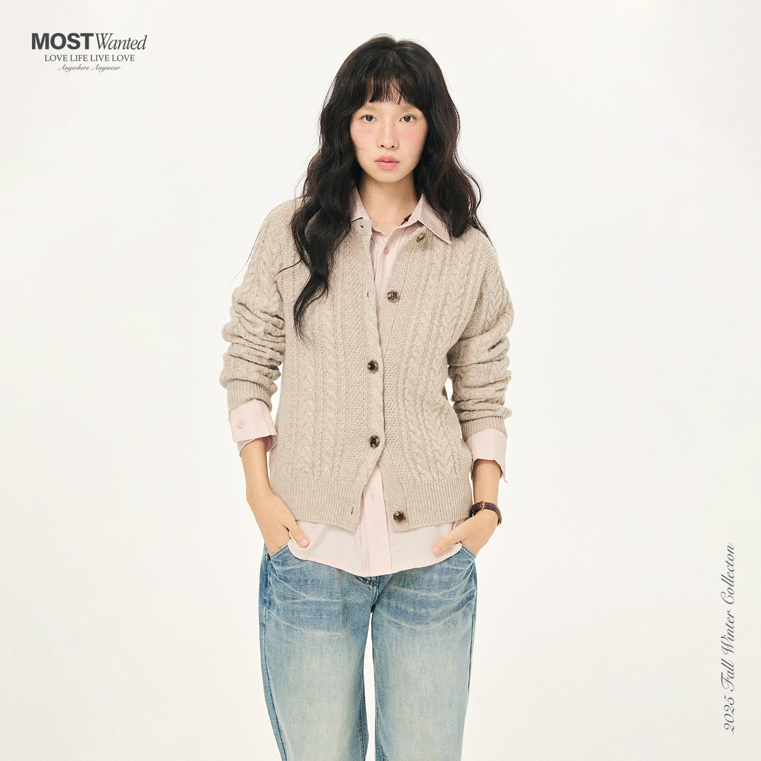 mostwanted羊毛混纺绞花圆领针织毛衣开衫外套女2025秋冬新款