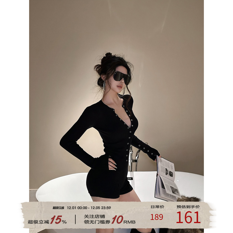 福尔尼斯悦 辣妹风连身连衣裤2025冬季新款黑色内搭修身连体裤