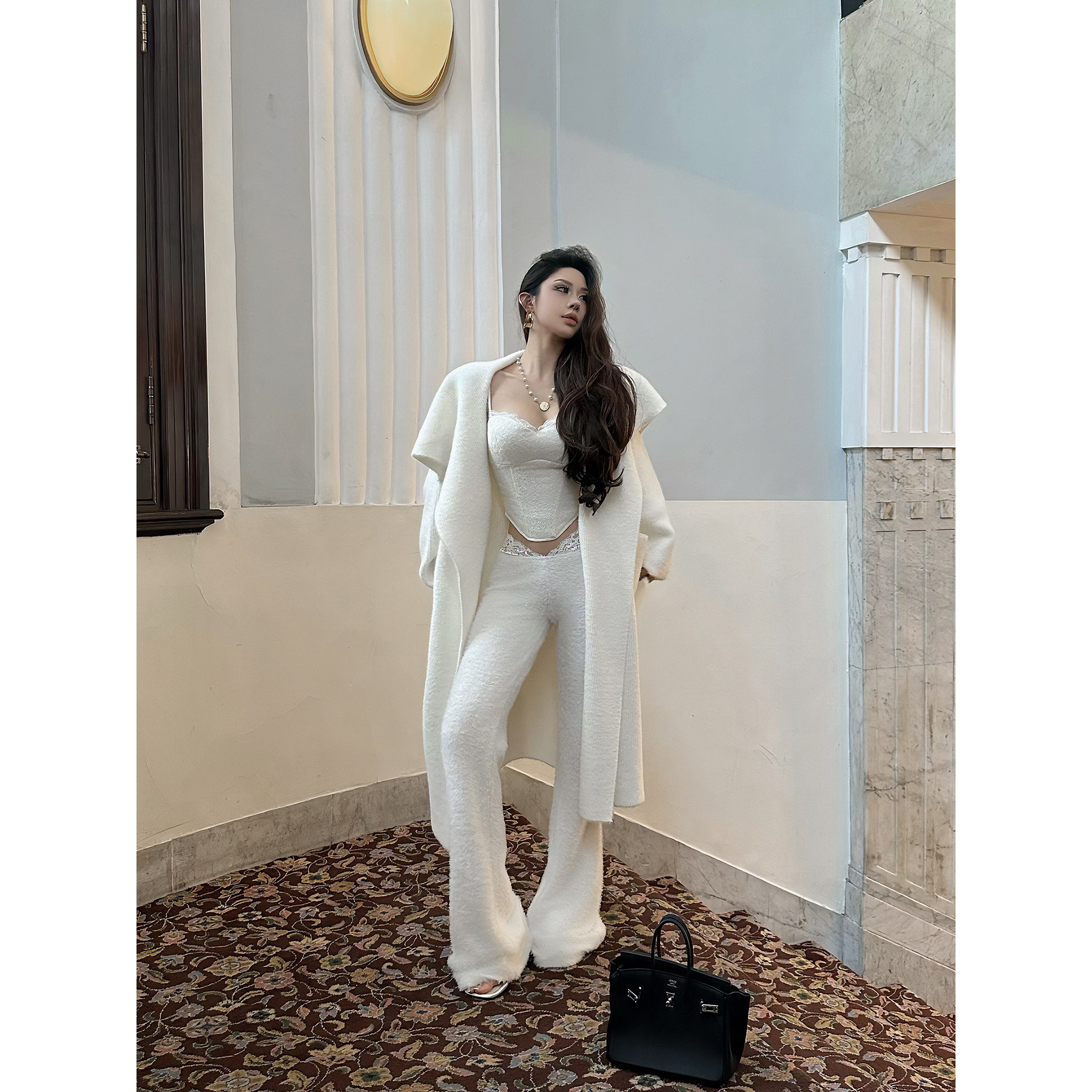 福尔尼斯悦 高级感大衣毛衣外套女2025冬季新款长款翻领针织开衫