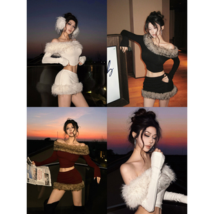 毛领拼接一字肩上衣半裙两件套 2025冬季 福尔尼斯悦 辣妹针织套装