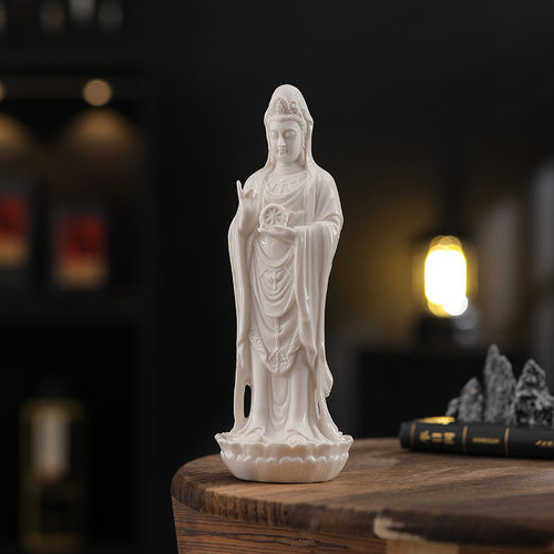 南海观世音菩萨佛像摆件 白瓷佛像 立莲观音像陶瓷家用供奉保平安