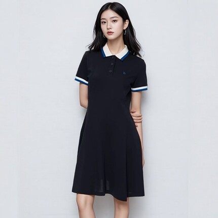 商场同款哈家女装学院风撞色翻领针织连衣裙女A字裙休闲时尚裙子