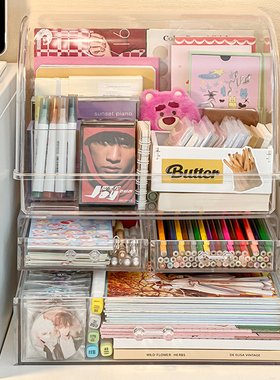 桌面收纳盒亚克力书桌置物架文具书本周边吧唧抽屉学生宿舍化妆盒