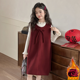 女童连衣裙秋冬款2025新款中大童洋气拜年服女孩加绒背心裙两件套