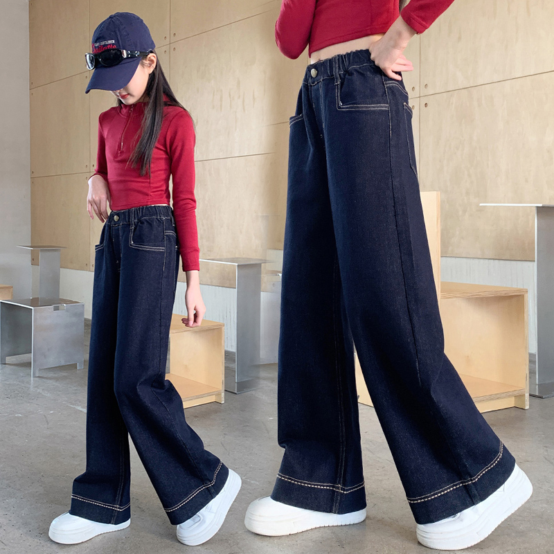 女童加绒牛仔裤秋冬款洋气阔腿裤