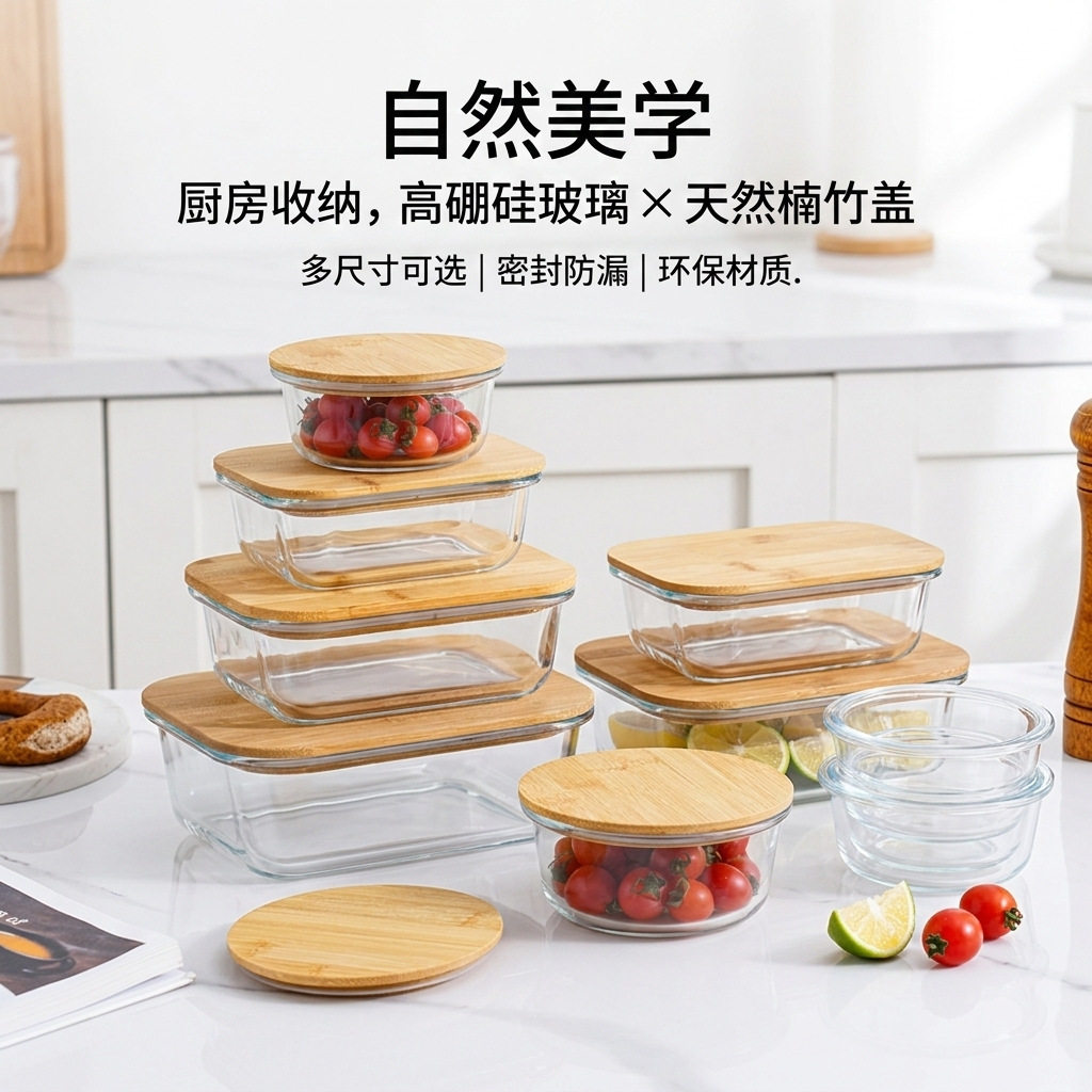 玻璃饭盒保鲜盒套装带竹木盖可进