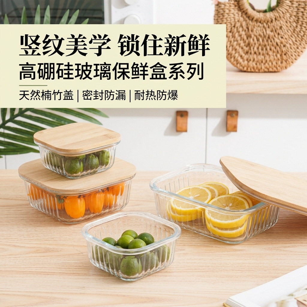 竹木盖竖纹玻璃密封便当盒|适用
