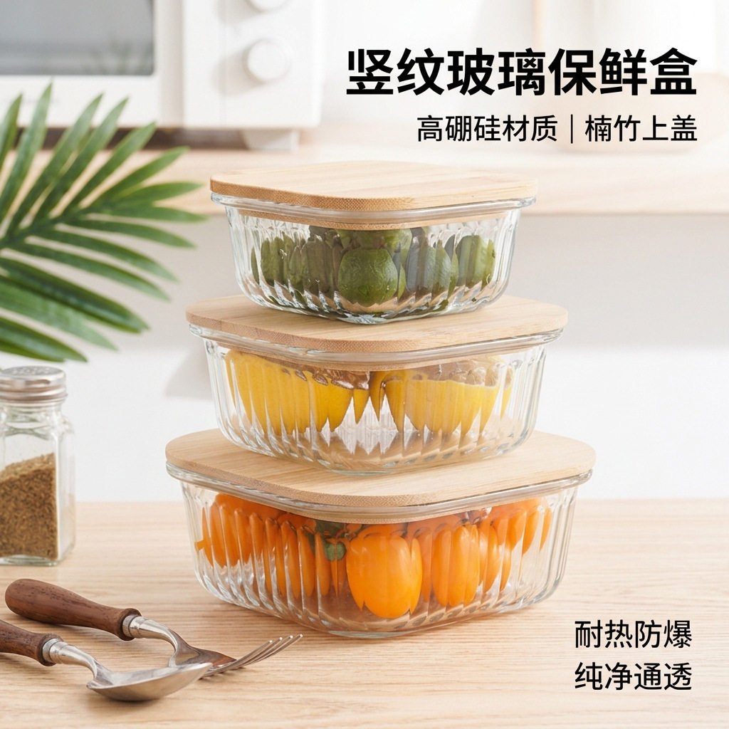 竹木盖竖纹玻璃密封便当盒|适用