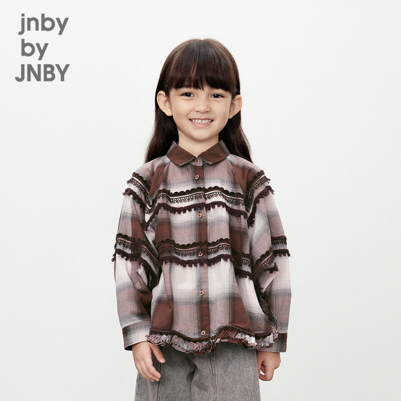 江南布衣童装长袖衬衫外套渐变格纹花边休闲春女童儿童jnbybyj