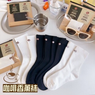 香薰袜子女中筒袜ins百搭黑白日系运动袜学生情侣款长袜咖啡香气