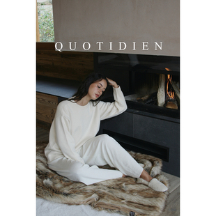 QUOTIDIEN 高克重羊毛厚织绒感宽松廓形休闲落肩圆领毛衣纯色长袖