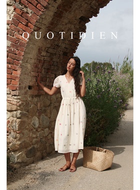 QUOTIDIEN｜小方糖｜印度棉手织布软糯透气荷叶袖V领茶歇连衣裙