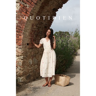 QUOTIDIEN｜小方糖｜印度棉手织布软糯透气荷叶袖V领茶歇连衣裙