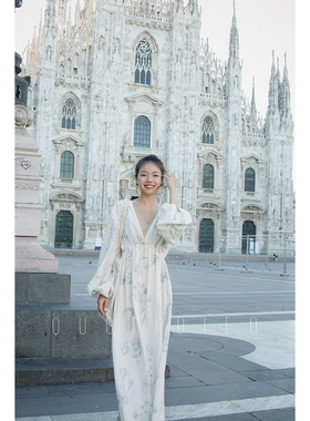 quotidien｜Duomo｜设计师合作素描印花亚麻露背优雅大摆度假长裙