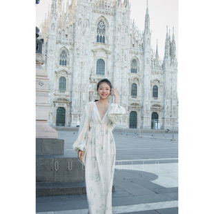 quotidien｜Duomo｜设计师合作素描印花亚麻露背优雅大摆度假长裙