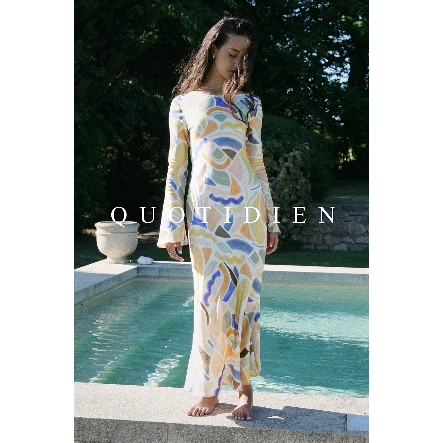 QUOTIDIEN｜地中海序曲｜ 桑蚕丝法式du家印花飘飘袖度假风连衣裙