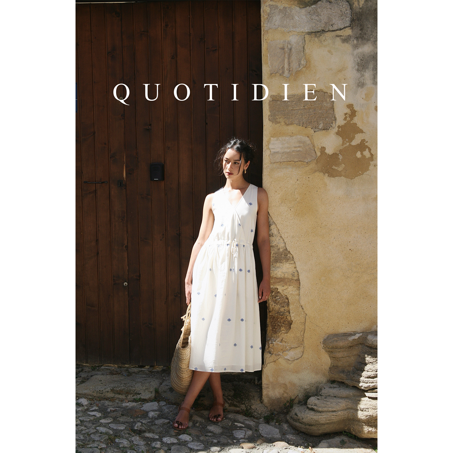 QUOTIDIEN 印度纯棉手织布V领长裙天然软糯轻柔抽绳无袖连衣裙女