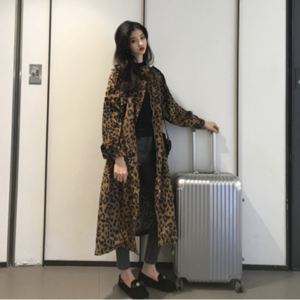 韩国春秋宽松大码港风bf风豹纹拉链风衣外套女中长款过膝大衣收腰