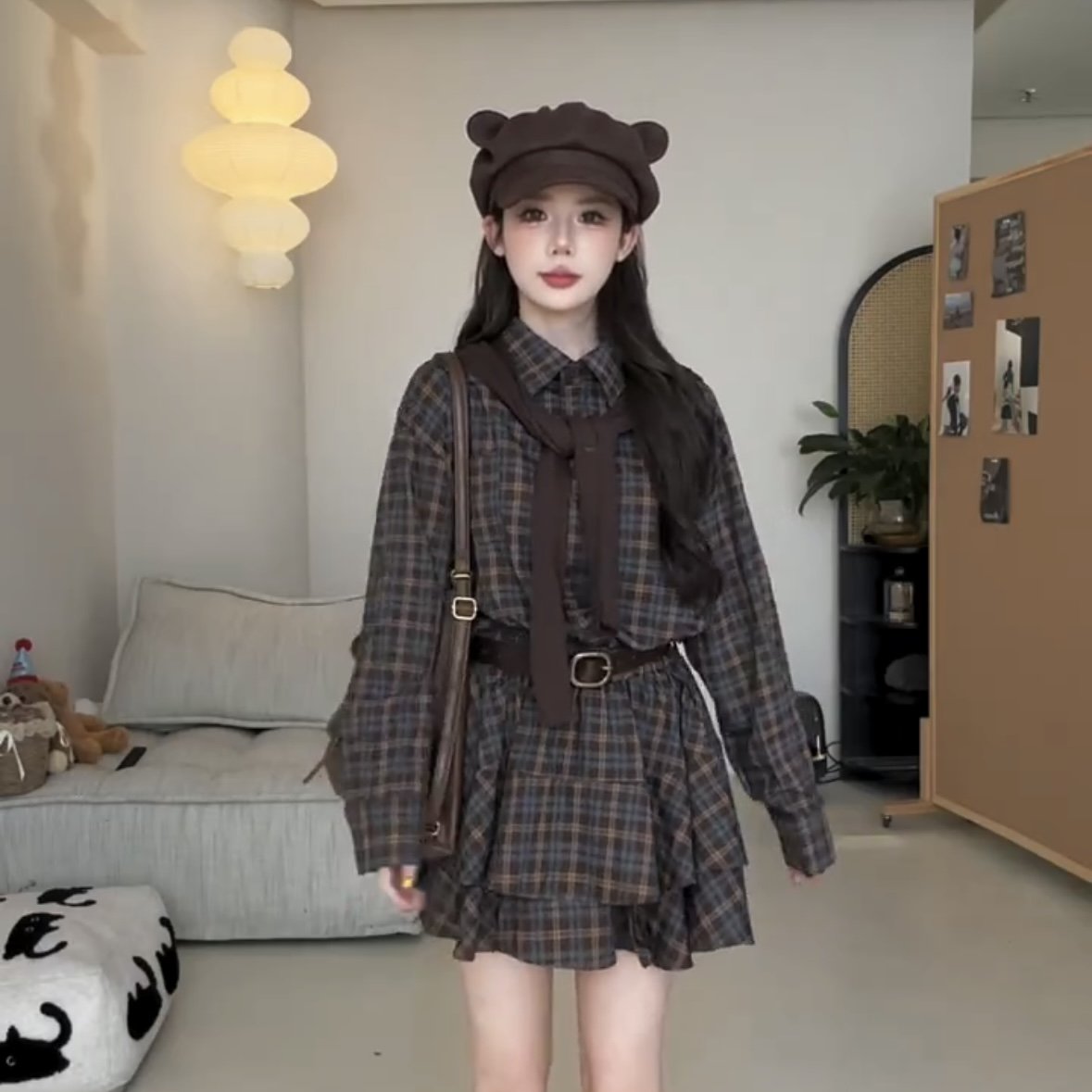 秋季新款女装韩国东大门气质优雅格纹衬衫裙女显瘦格子衬衣连衣裙