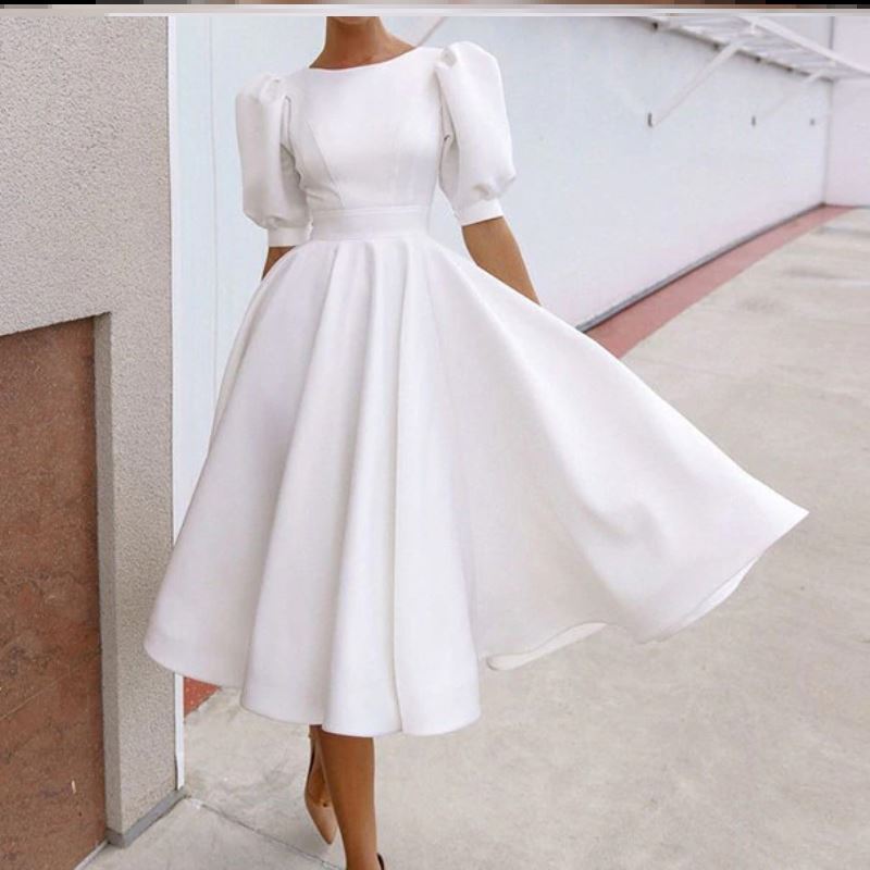 Slim dress 2021法式白色修身女装性感大摆短袖中裙高腰露背a字裙