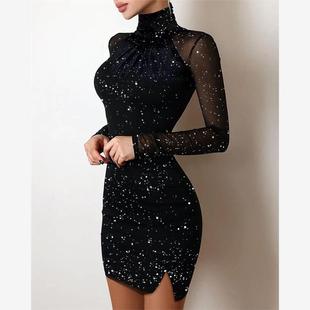 Hem Split Contrast Mesh Dress 高领针织紧身裙 Bodycon Glitter