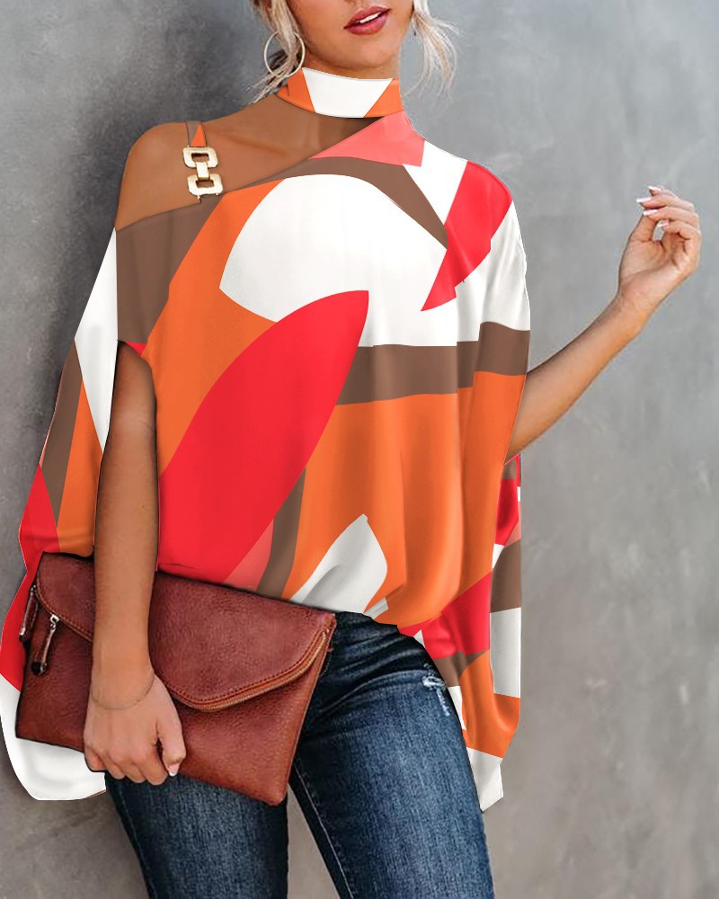 Sexy women summer printed top 2022夏挂脖蝙蝠袖印花衬衫衬衣女