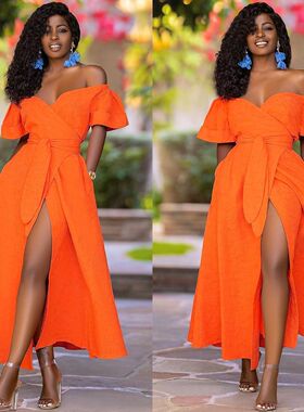 Orange one shoulder dress 橙色一字肩大摆派对收腰礼服连衣裙女