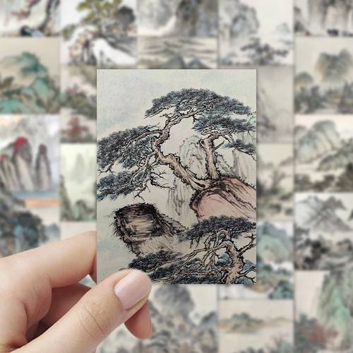 60张手绘国画贴纸中国山水古风