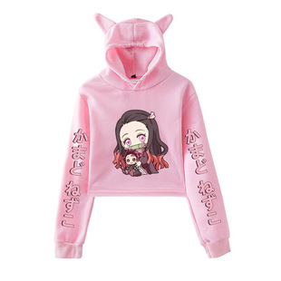 潮流kamado nezuko周边个性印花可爱猫耳朵短款连帽卫衣女